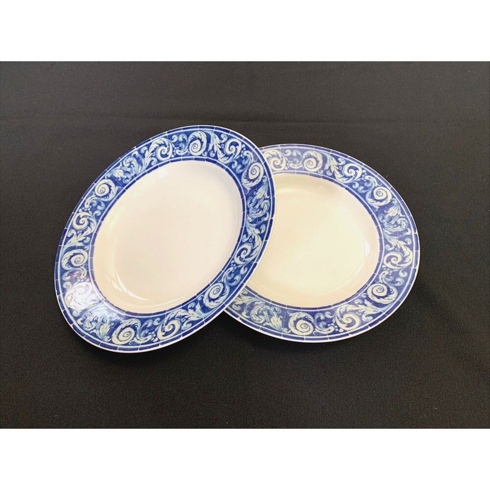 Vista Alegre Figuras Portugal Soup Salad Bowl Wide Rim (2) Blue Tile Scroll Vtg